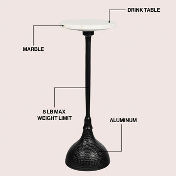 Ava 23.75" Art Deco Contemporary Metal Pedestal Drink Table and Decorative End Table with White Marble Round Top and Hammered Base